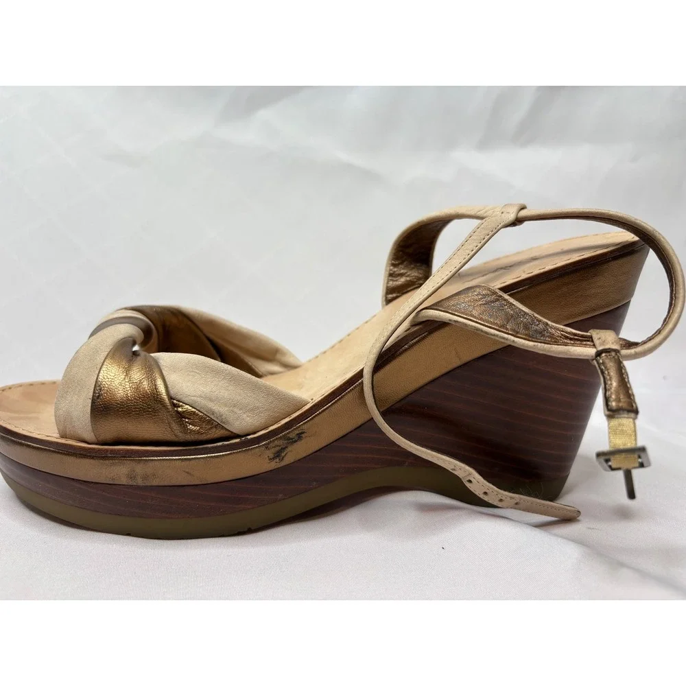 COLE HAAN Tan Bronze Metallic Nike Air Twisted‎ Strap Wedge Sandals Sz 10 Boho